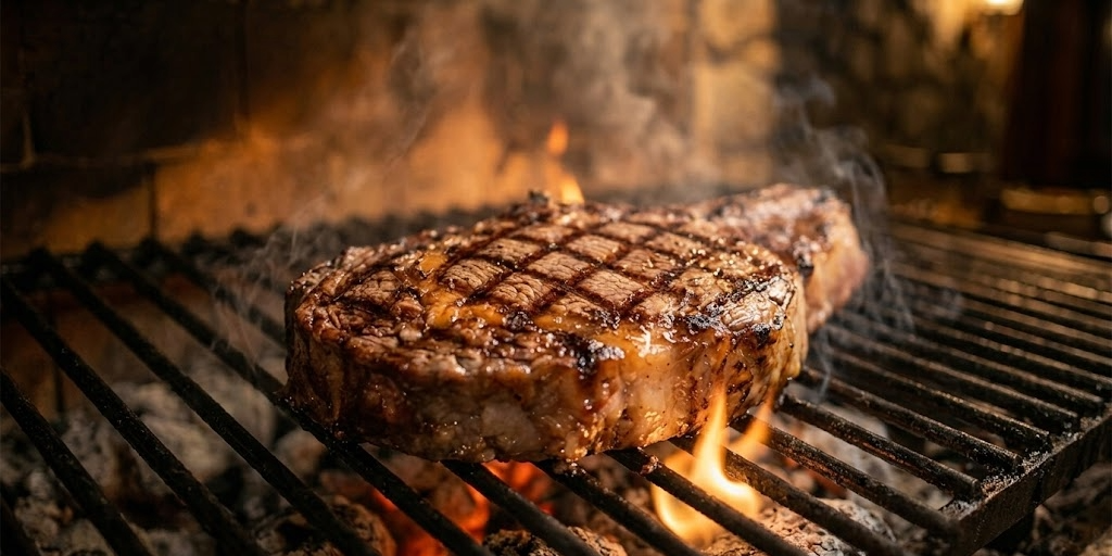 Carne asándose a la parrilla con brasas